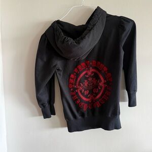 Juicy Couture Black Hoodie Red Crest Logo Back Graphic Y2K Petite XS Puff Sleeve